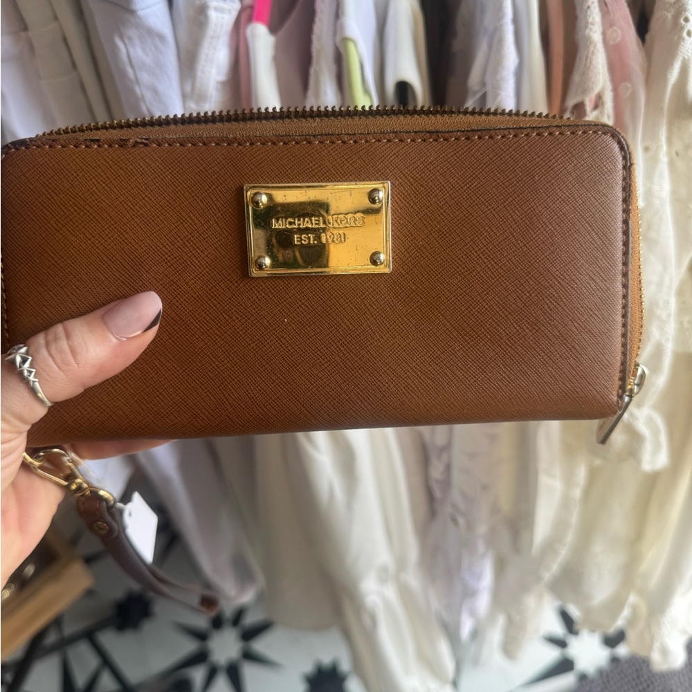 Michael Kors Cognac Saffiano Zip Wallet with Wristlet